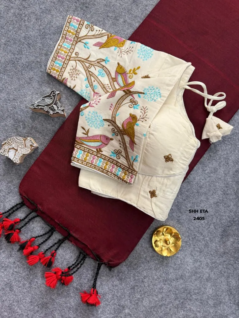 Plain Linen Cotton Handloom Saree with Tassels